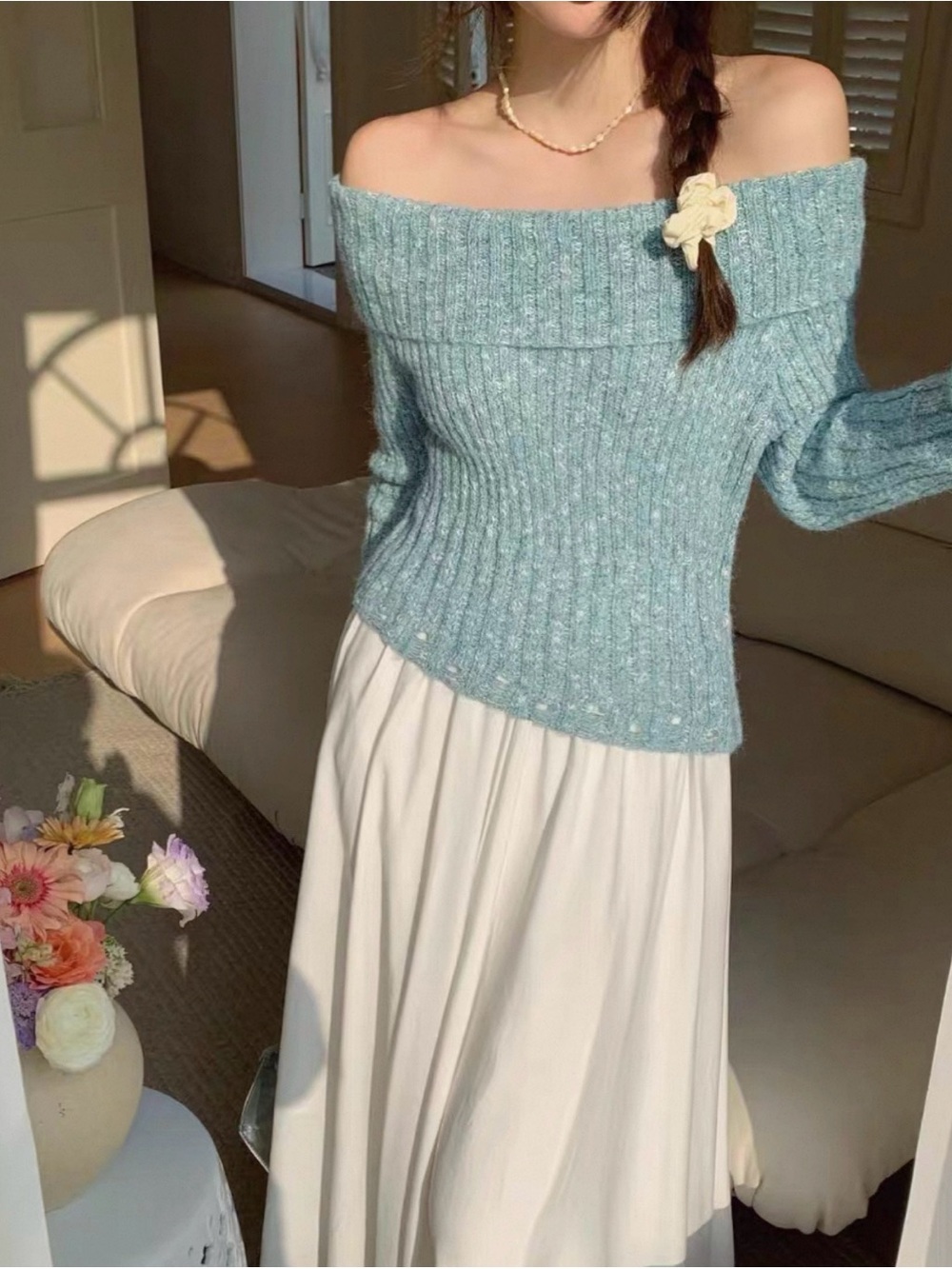 Off-Shoulder Ribbed Knit Sweater
